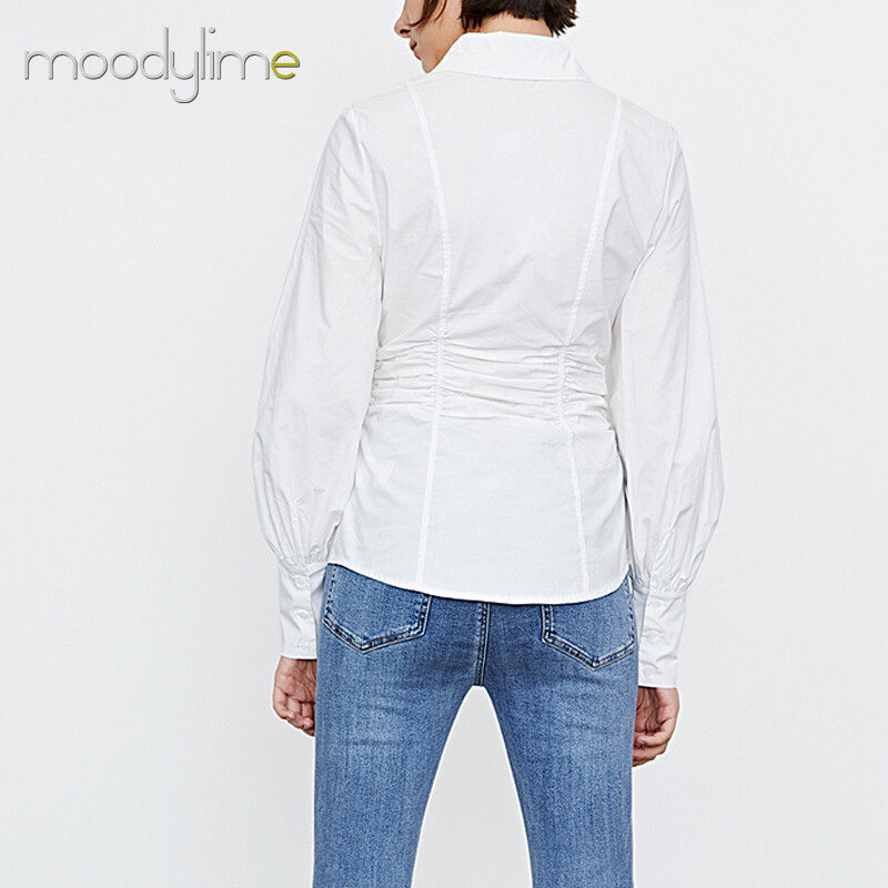 Collar Button on Front Long Sleeves Ruched Blouse