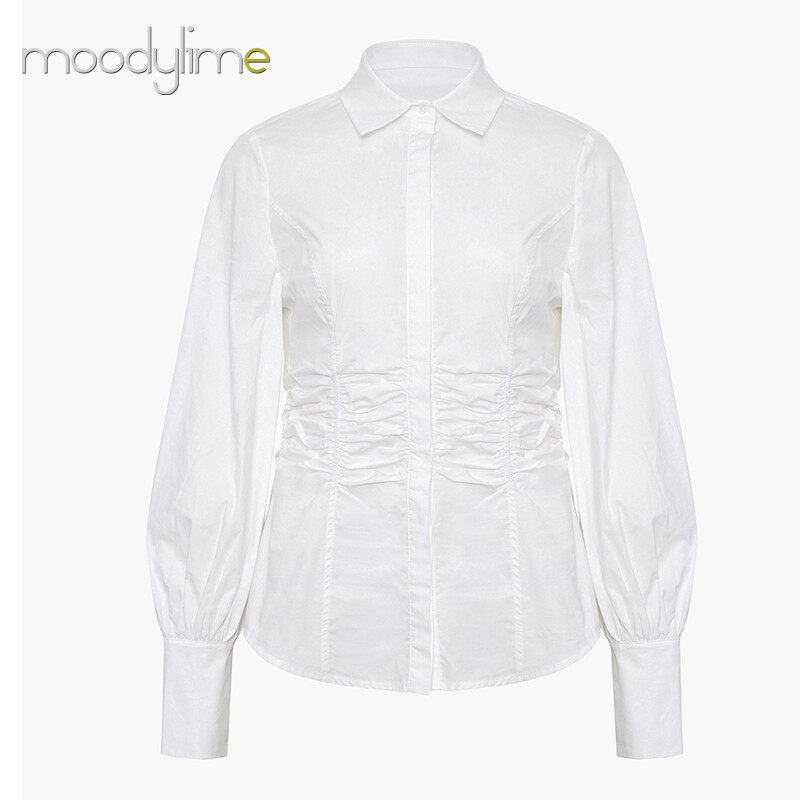 Collar Button on Front Long Sleeves Ruched Blouse
