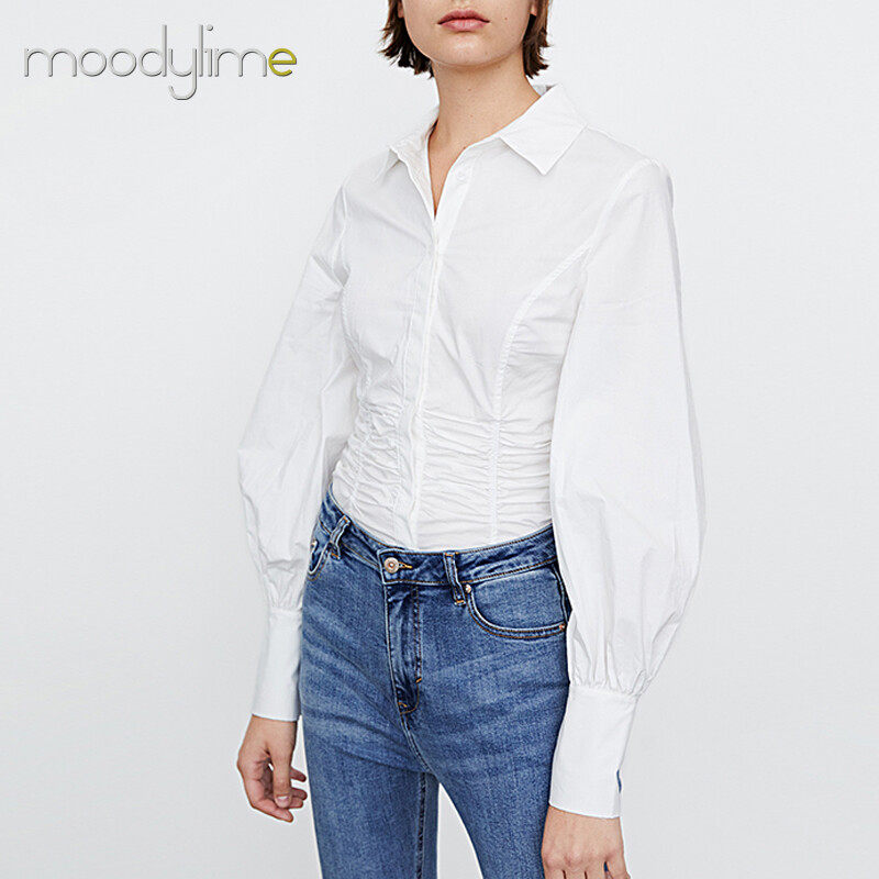 Collar Button on Front Long Sleeves Ruched Blouse