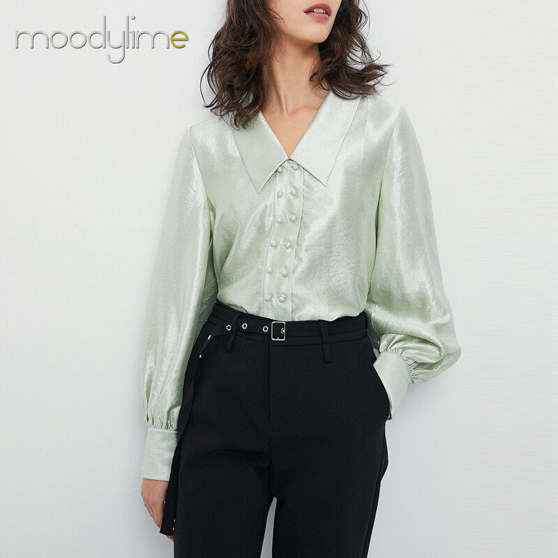 Collar Button on Front Long Sleeves  Blouse