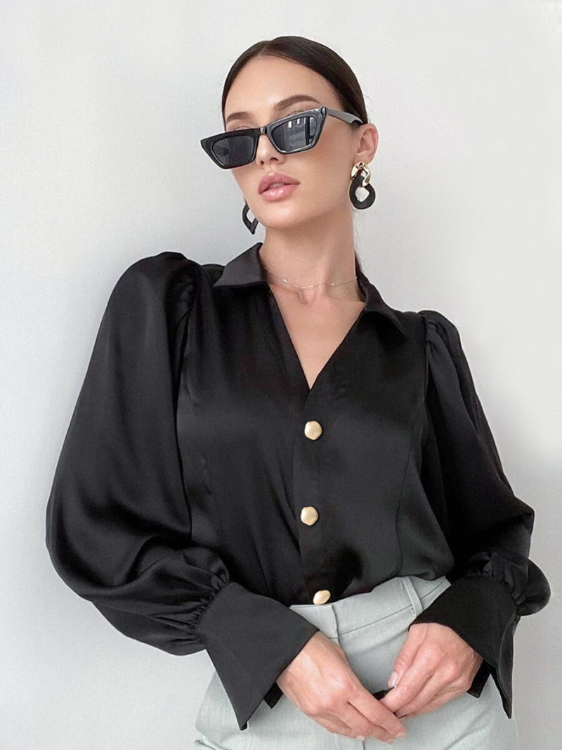 Collar  V-neck Button Front   Blouson Sleeves Blouse