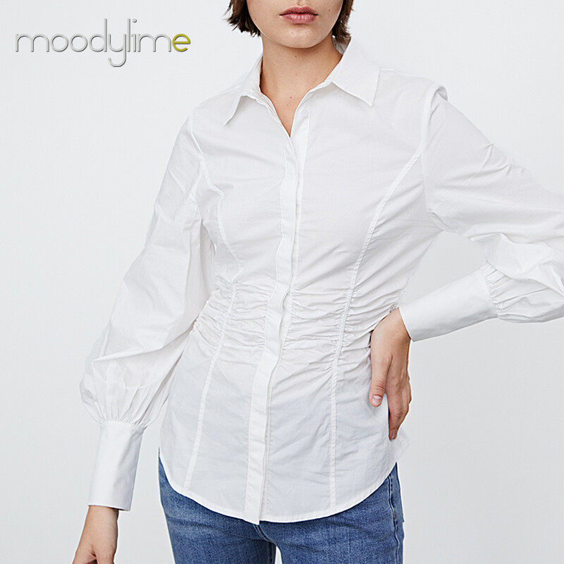 Collar Button on Front Long Sleeves Ruched Blouse