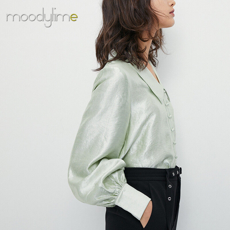 Collar Button on Front Long Sleeves  Blouse