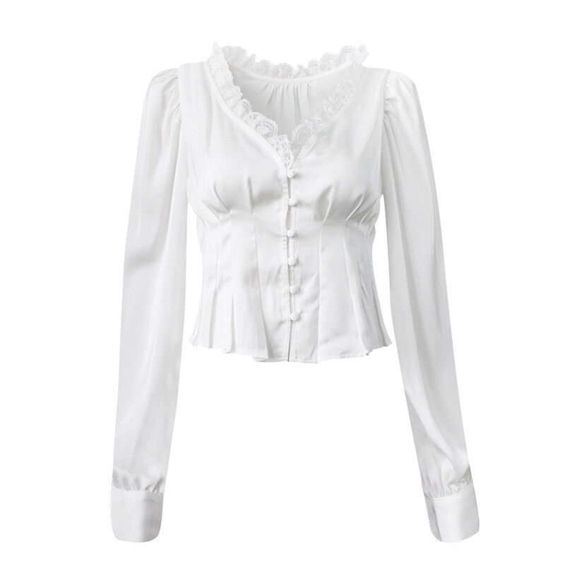 Silod V-neck Long Sleeves Lace Details  Blouse