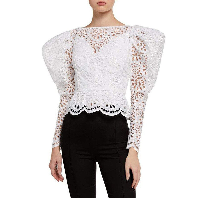 High Neck Lantren Sleeves Lace Blouse