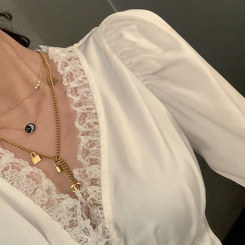 Silod V-neck Long Sleeves Lace Details  Blouse