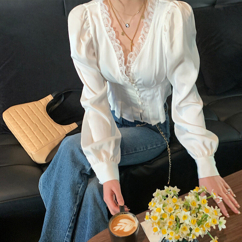 Silod V-neck Long Sleeves Lace Details  Blouse