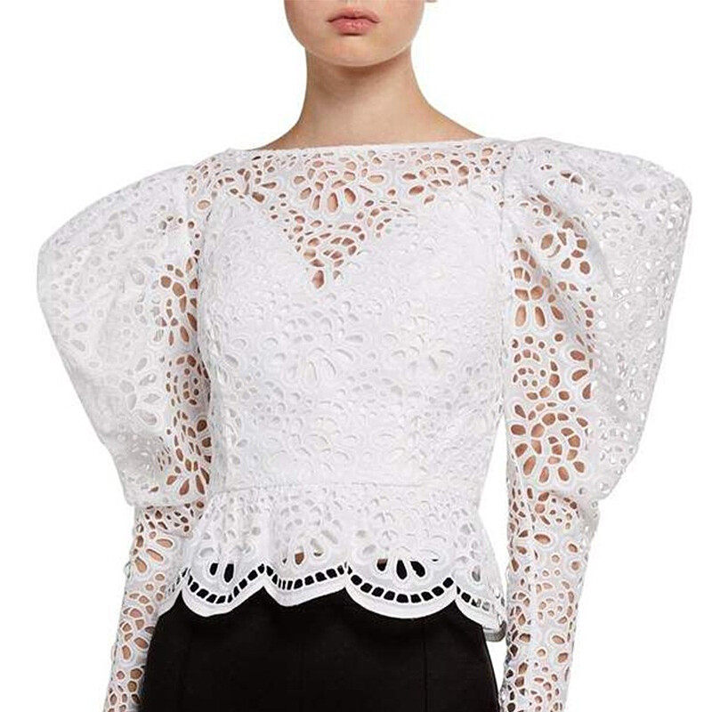 High Neck Lantren Sleeves Lace Blouse