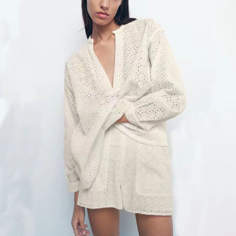 Deep V Neck Blouse In Embroider Fabric