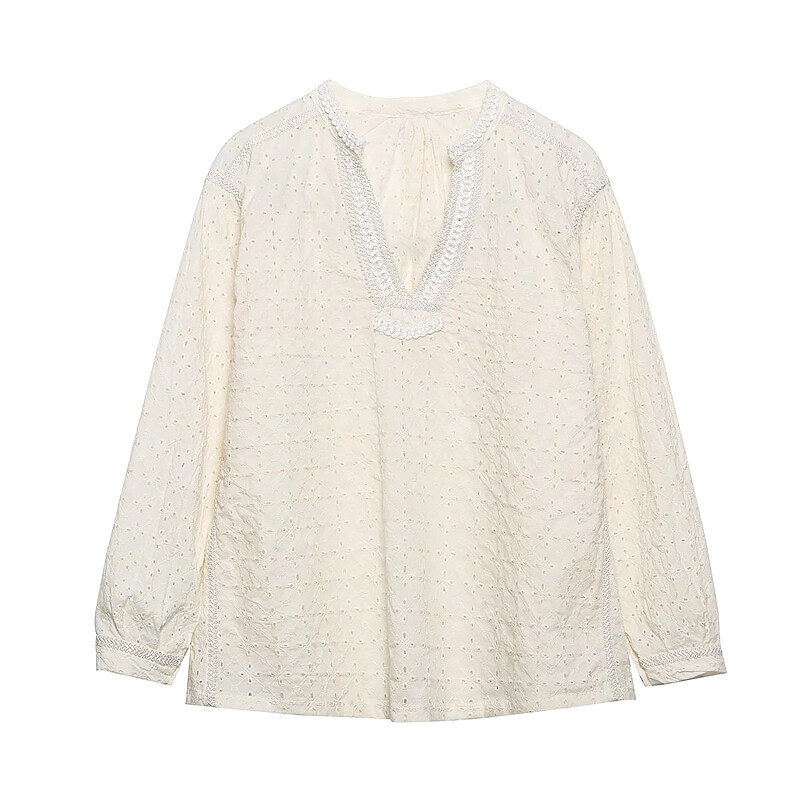 Deep V Neck Blouse In Embroider Fabric