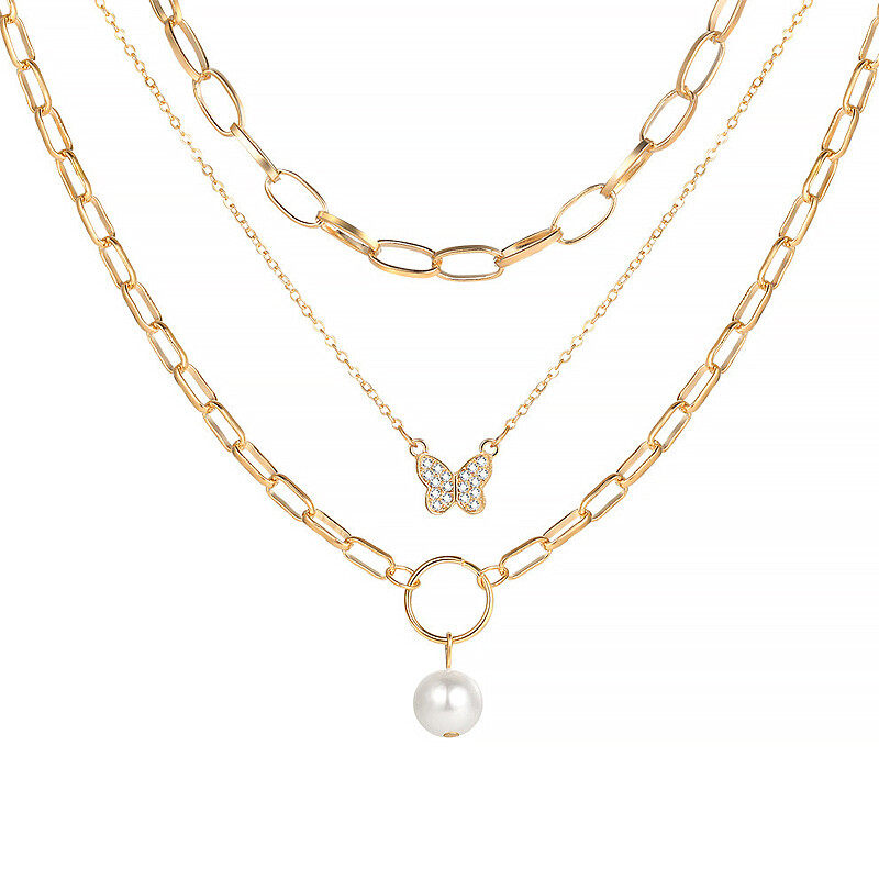 Pearl butterfly diamond necklace 3-piece set