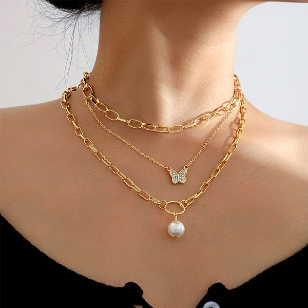 Pearl butterfly diamond necklace 3-piece set