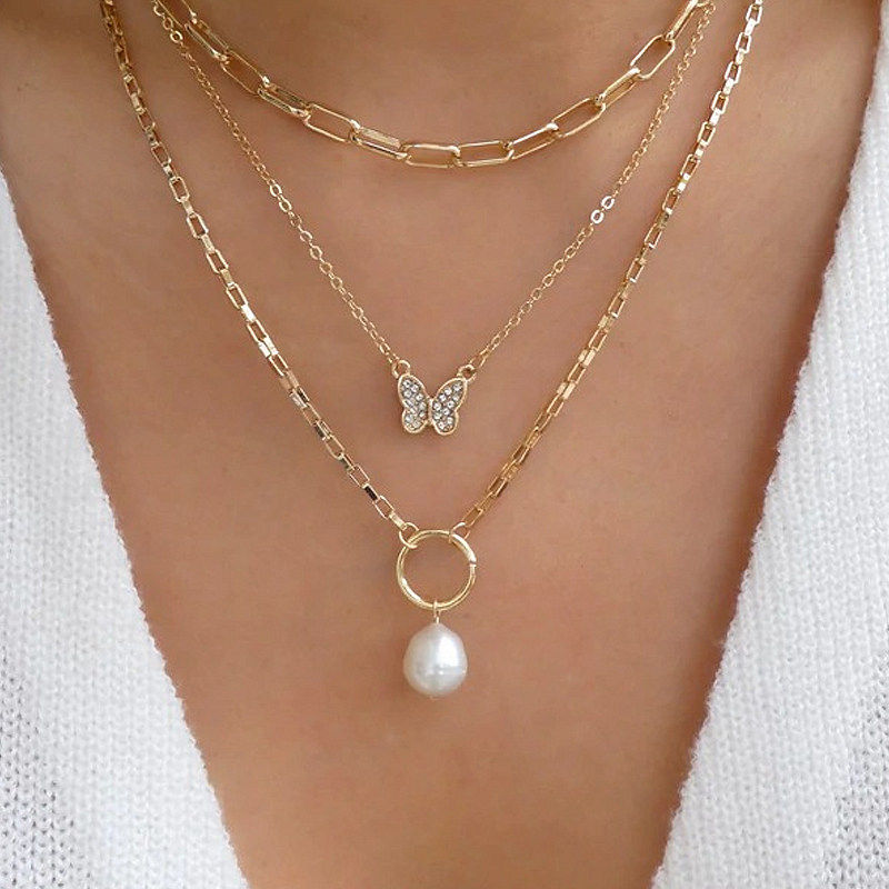 Pearl butterfly diamond necklace 3-piece set