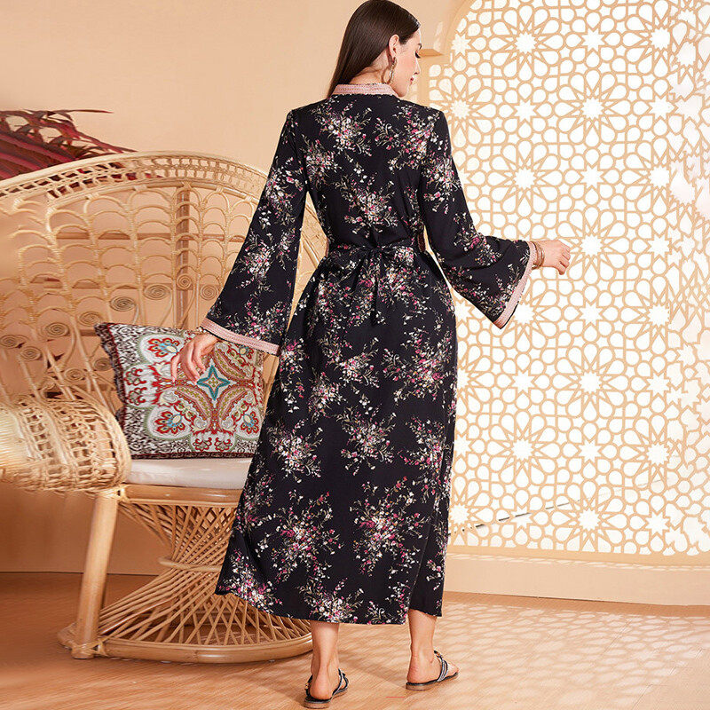 Flared sleeve print robe dress