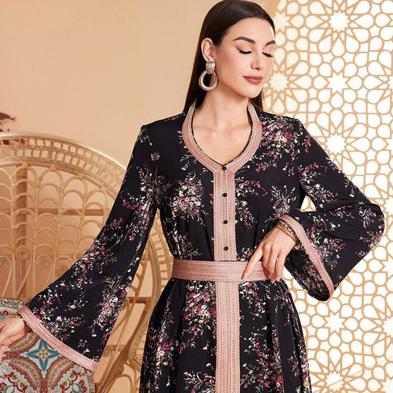 Flared sleeve print robe dress