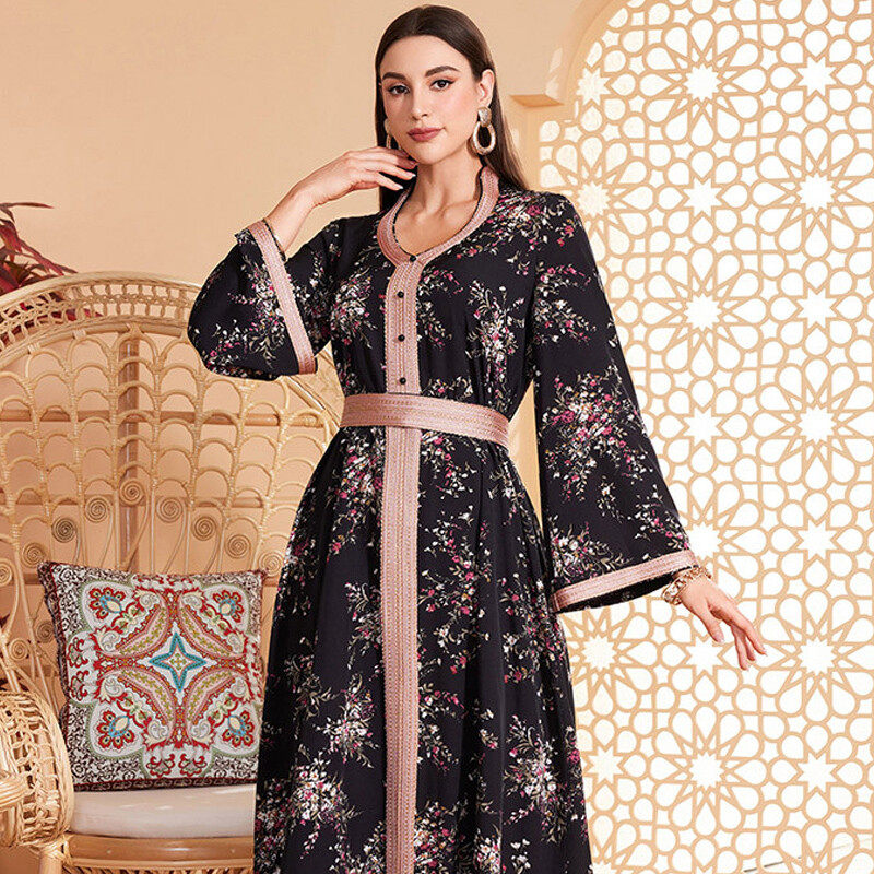 Flared sleeve print robe dress