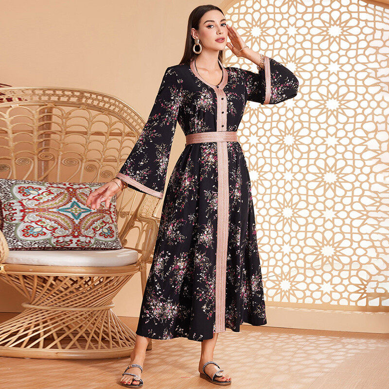 Flared sleeve print robe dress