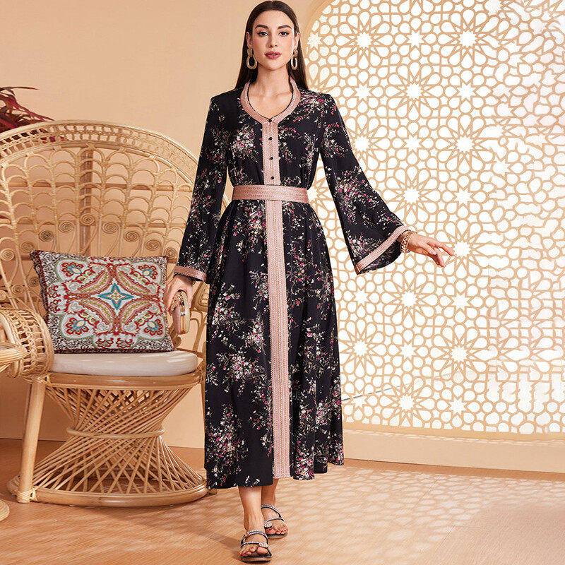 Flared sleeve print robe dress