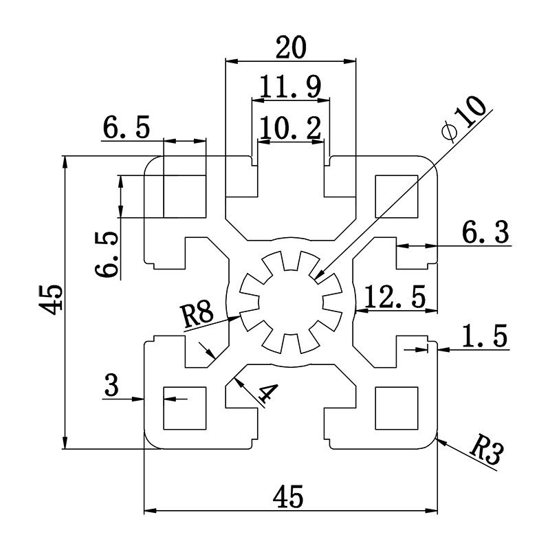 Aluminum slot profile 4545D