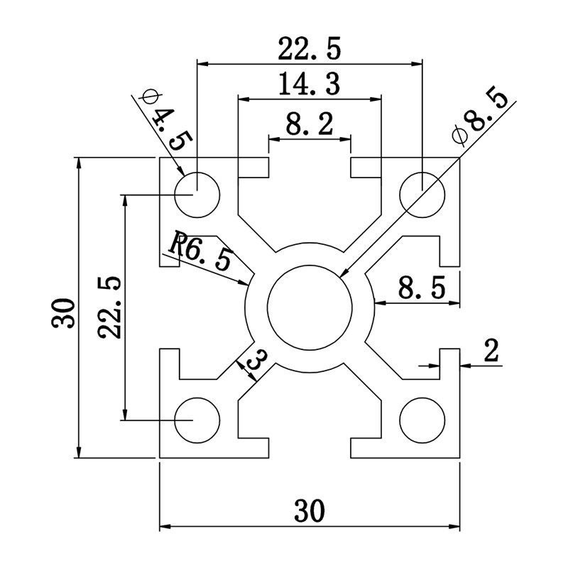 Aluminum slot profile 3030D