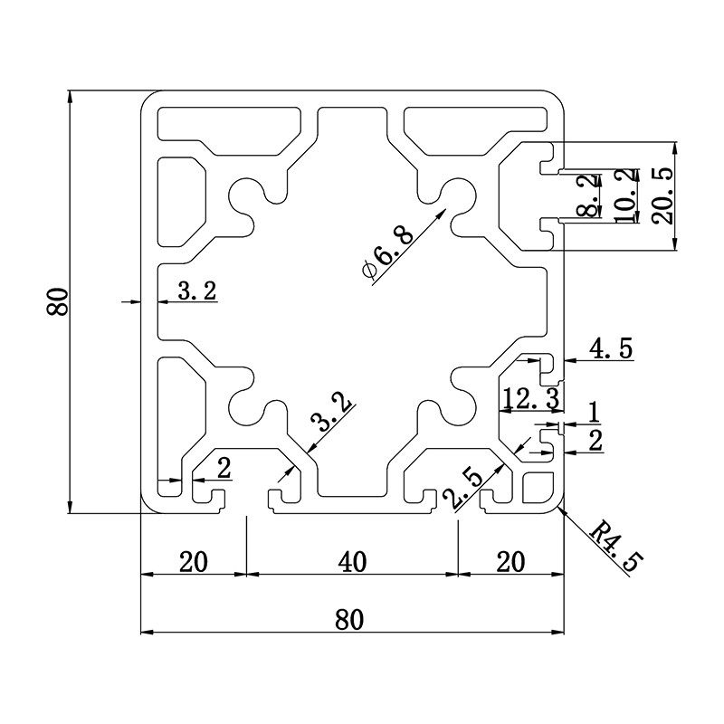 Aluminum slot profile 8080N2