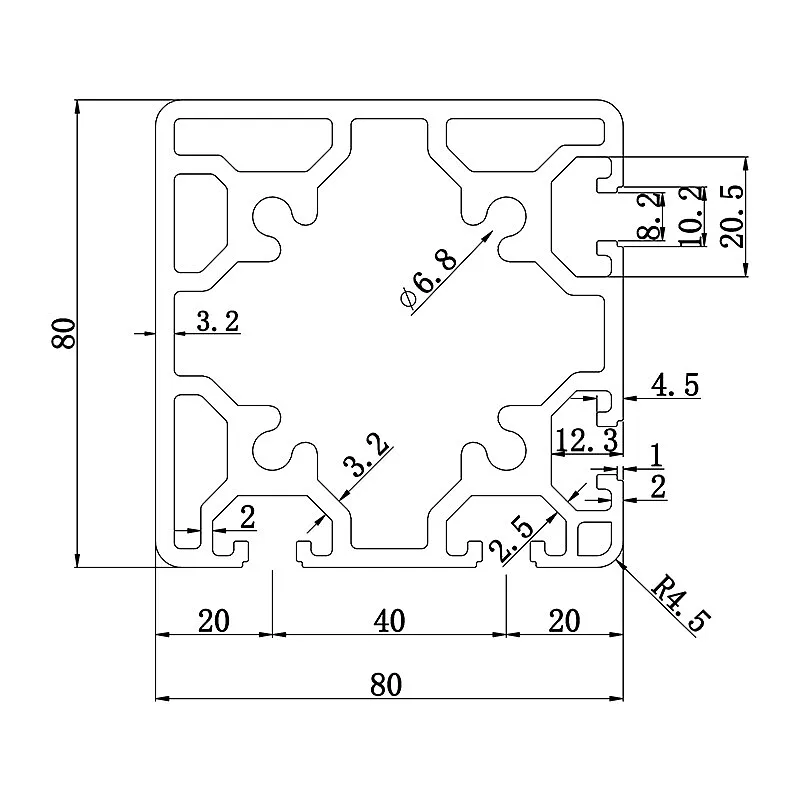 Aluminum slot profile 8080N2